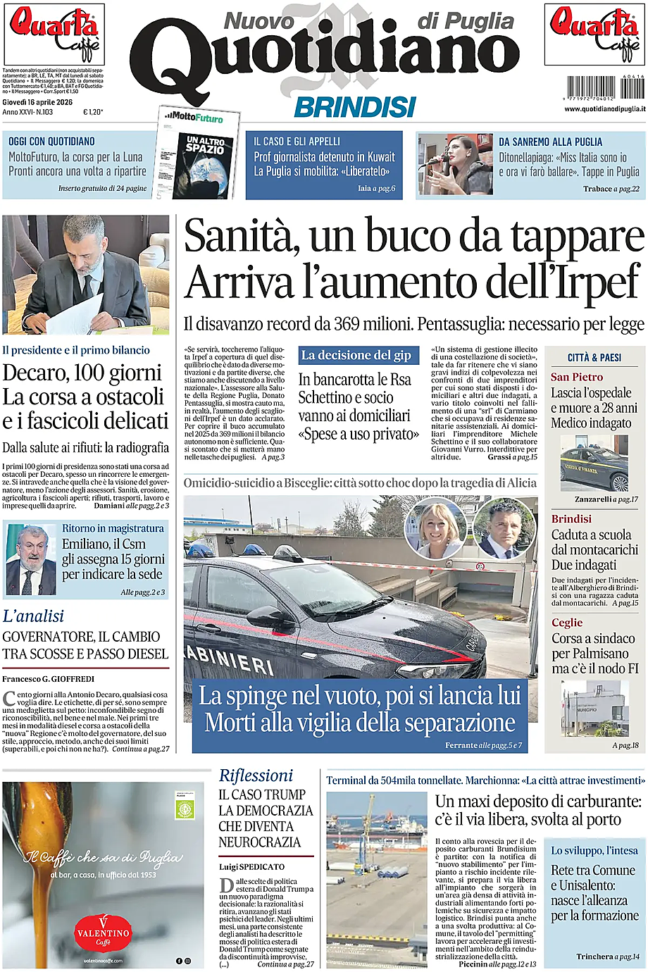 Prima pagina Nuovo Quotidiano di Puglia (Brindisi) di oggi - Edicola 16 Aprile 2026