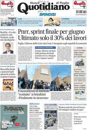 Prima pagina Nuovo Quotidiano di Puglia (Brindisi) di oggi - Quotidiano regionale