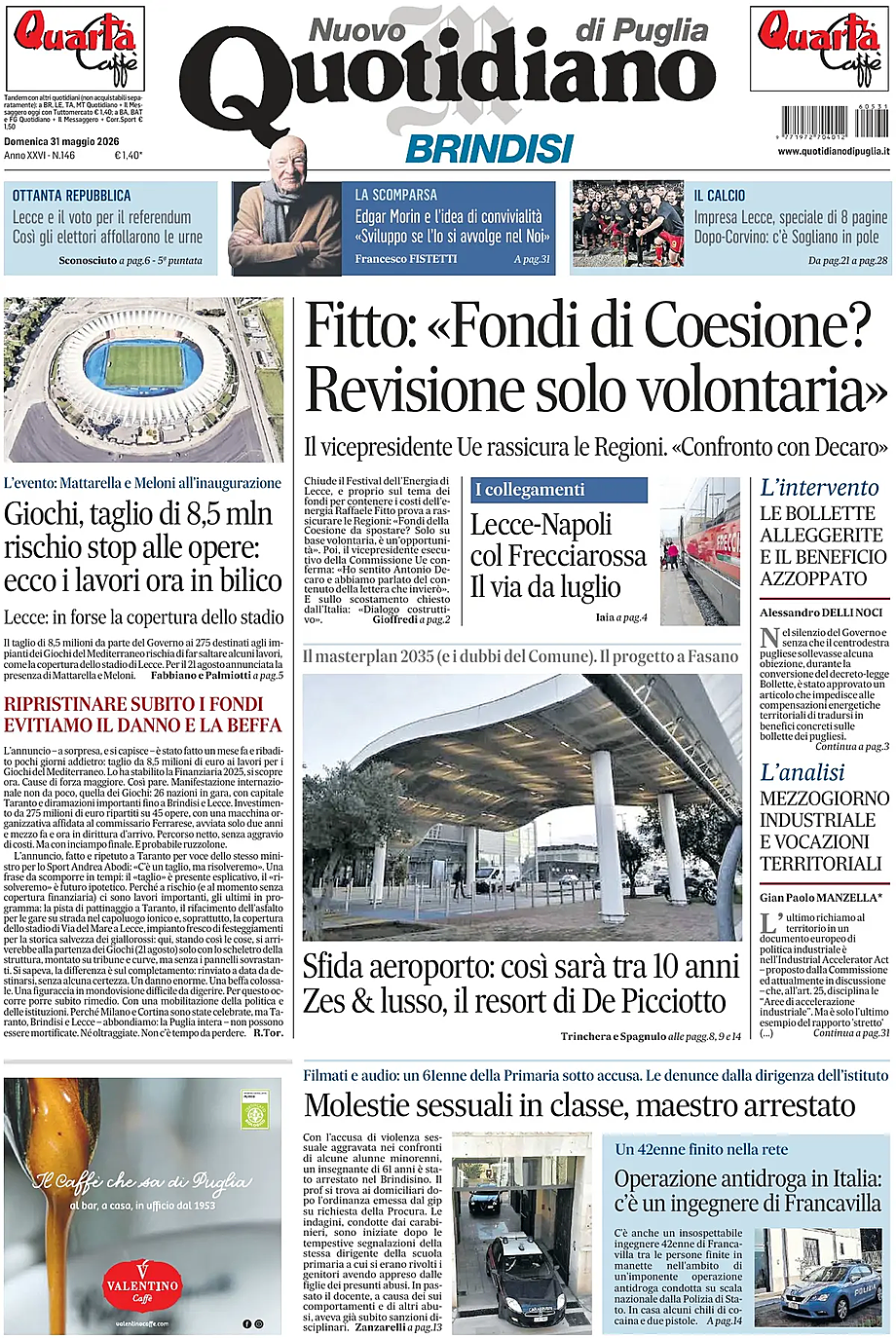Prima pagina Nuovo Quotidiano di Puglia (Brindisi) di oggi - Edicola 31 Maggio 2026