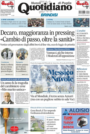 Prima pagina Nuovo Quotidiano di Puglia (Brindisi) di oggi - Quotidiano regionale