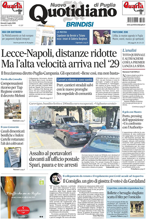 Prima pagina Nuovo Quotidiano di Puglia (Brindisi) di oggi - Quotidiano regionale