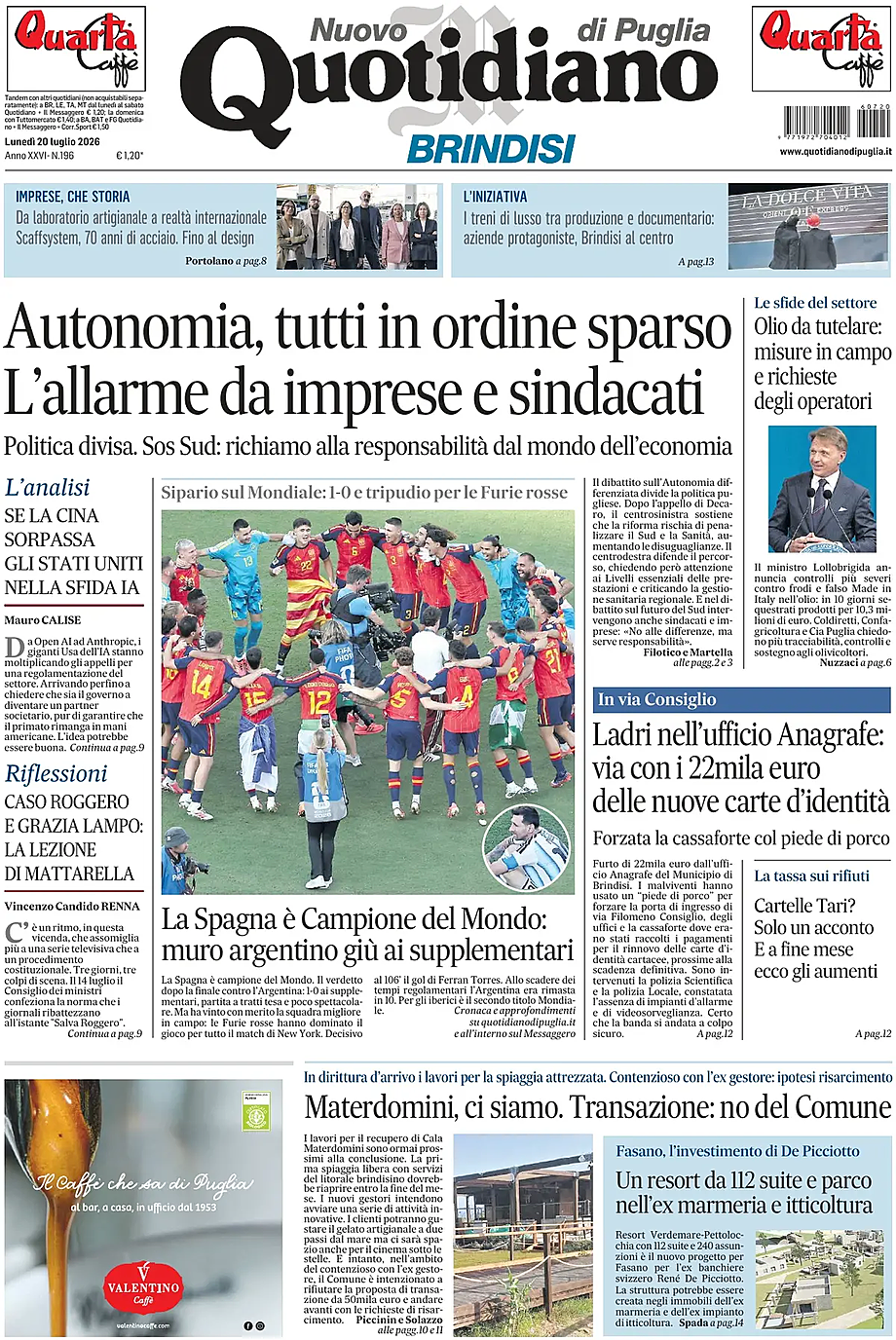 Prima pagina Nuovo Quotidiano di Puglia (Brindisi) di oggi - Edicola 20 Luglio 2026