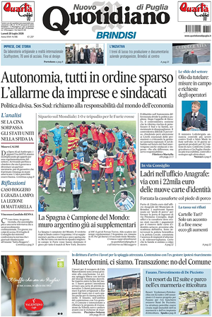 Prima pagina Nuovo Quotidiano di Puglia (Brindisi) di oggi - Quotidiano regionale