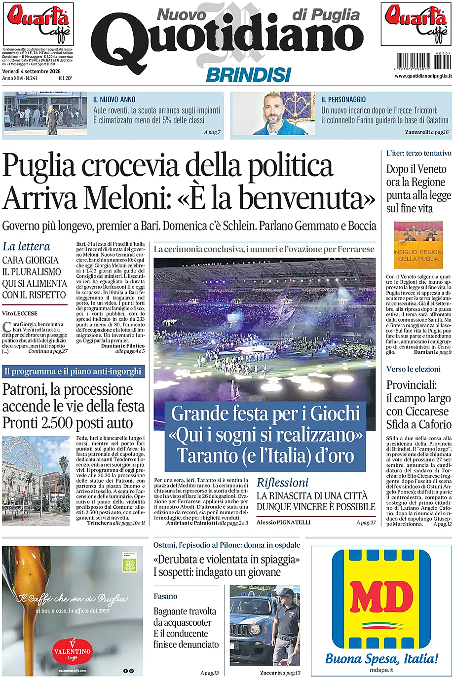 Prima pagina Nuovo Quotidiano di Puglia (Brindisi) di oggi - Edicola 4 Settembre 2026