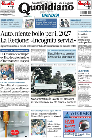 Prima pagina Nuovo Quotidiano di Puglia (Brindisi) di oggi - Quotidiano regionale