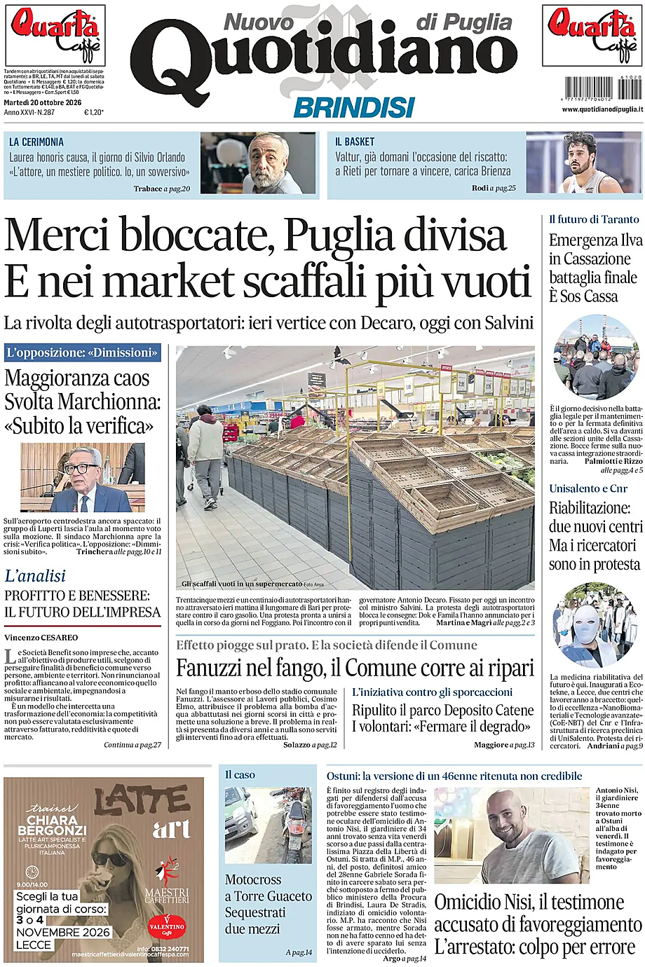 Prima pagina Nuovo Quotidiano di Puglia (Brindisi) di oggi - Edicola 20 Ottobre 2026