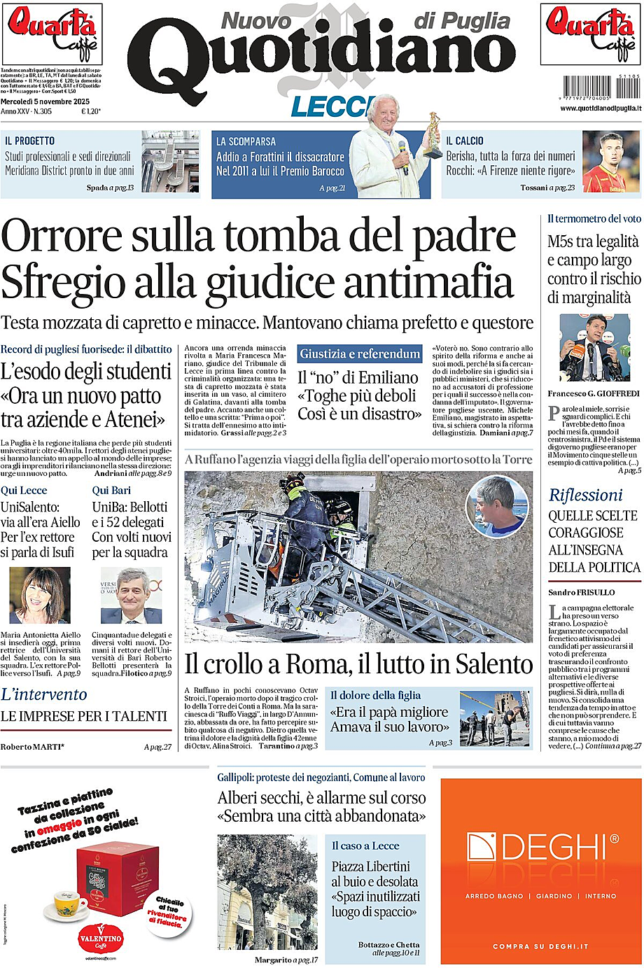 Prima pagina Nuovo Quotidiano di Puglia (Lecce) di oggi - Edicola 5 Novembre 2025