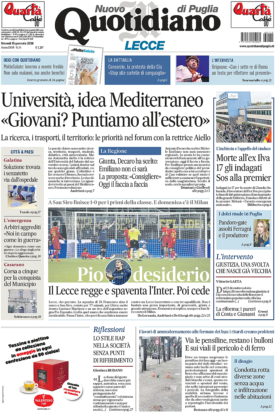 Prima pagina Nuovo Quotidiano di Puglia (Lecce) di oggi - Edicola 15 Gennaio 2026