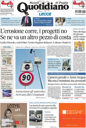 Prima pagina Nuovo Quotidiano di Puglia (Lecce) di oggi - Quotidiano regionale