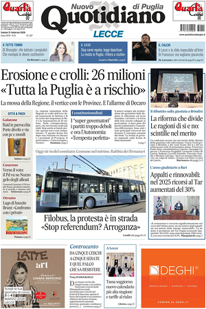 Prima pagina Nuovo Quotidiano di Puglia (Lecce) di oggi - Quotidiano regionale