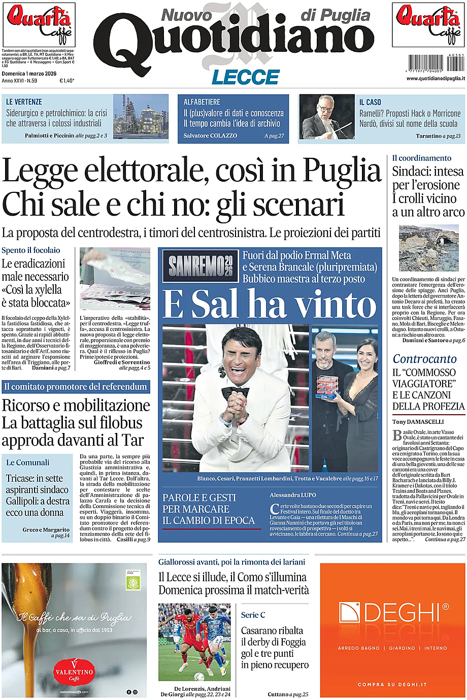 Prima pagina Nuovo Quotidiano di Puglia (Lecce) di oggi - Edicola 1 Marzo 2026