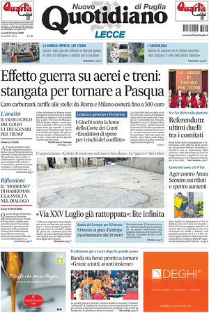 Prima pagina Nuovo Quotidiano di Puglia (Lecce) di oggi - Quotidiano regionale