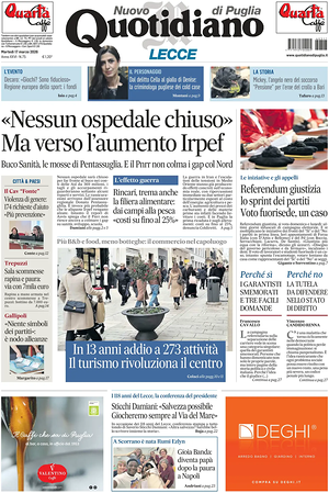 Prima pagina Nuovo Quotidiano di Puglia (Lecce) di oggi - Quotidiano regionale