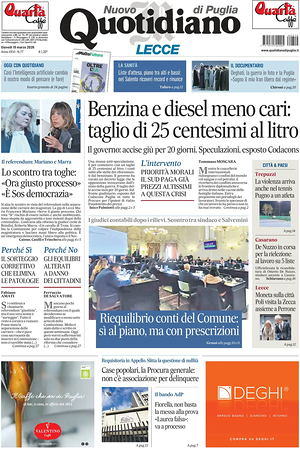 Prima pagina Nuovo Quotidiano di Puglia (Lecce) di oggi - Quotidiano regionale