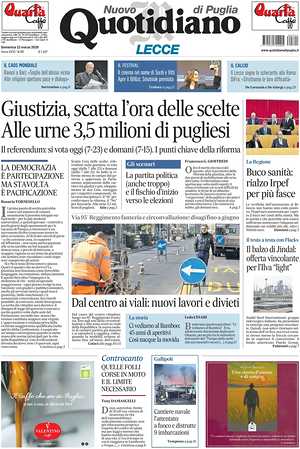 Prima pagina Nuovo Quotidiano di Puglia (Lecce) di oggi - Quotidiano regionale