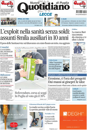 Prima pagina Nuovo Quotidiano di Puglia (Lecce) di oggi - Quotidiano regionale