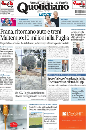Prima pagina Nuovo Quotidiano di Puglia (Lecce) di oggi - Quotidiano regionale