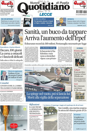 Prima pagina Nuovo Quotidiano di Puglia (Lecce) di oggi - Quotidiano regionale