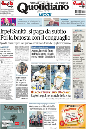 Prima pagina Nuovo Quotidiano di Puglia (Lecce) di oggi - Quotidiano regionale