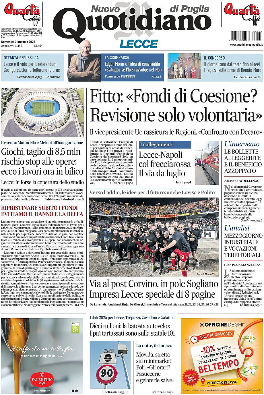 Prima pagina Nuovo Quotidiano di Puglia (Lecce) di oggi - Edicola 31 Maggio 2026