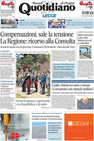 Prima pagina Nuovo Quotidiano di Puglia (Lecce) di oggi - Quotidiano regionale