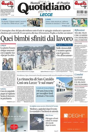Prima pagina Nuovo Quotidiano di Puglia (Lecce) di oggi - Quotidiano regionale