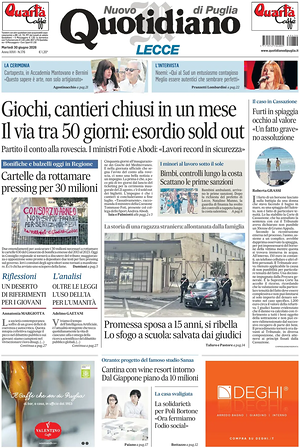 Prima pagina Nuovo Quotidiano di Puglia (Lecce) di oggi - Quotidiano regionale