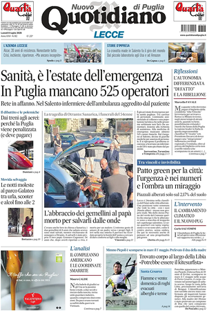 Prima pagina Nuovo Quotidiano di Puglia (Lecce) di oggi - Quotidiano regionale