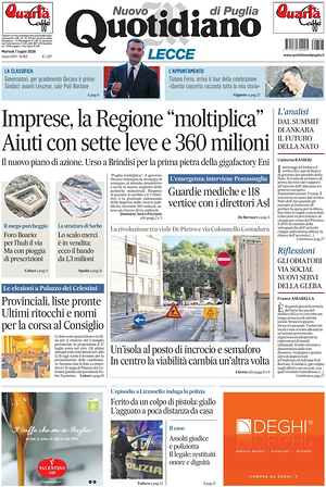 Prima pagina Nuovo Quotidiano di Puglia (Lecce) di oggi - Quotidiano regionale