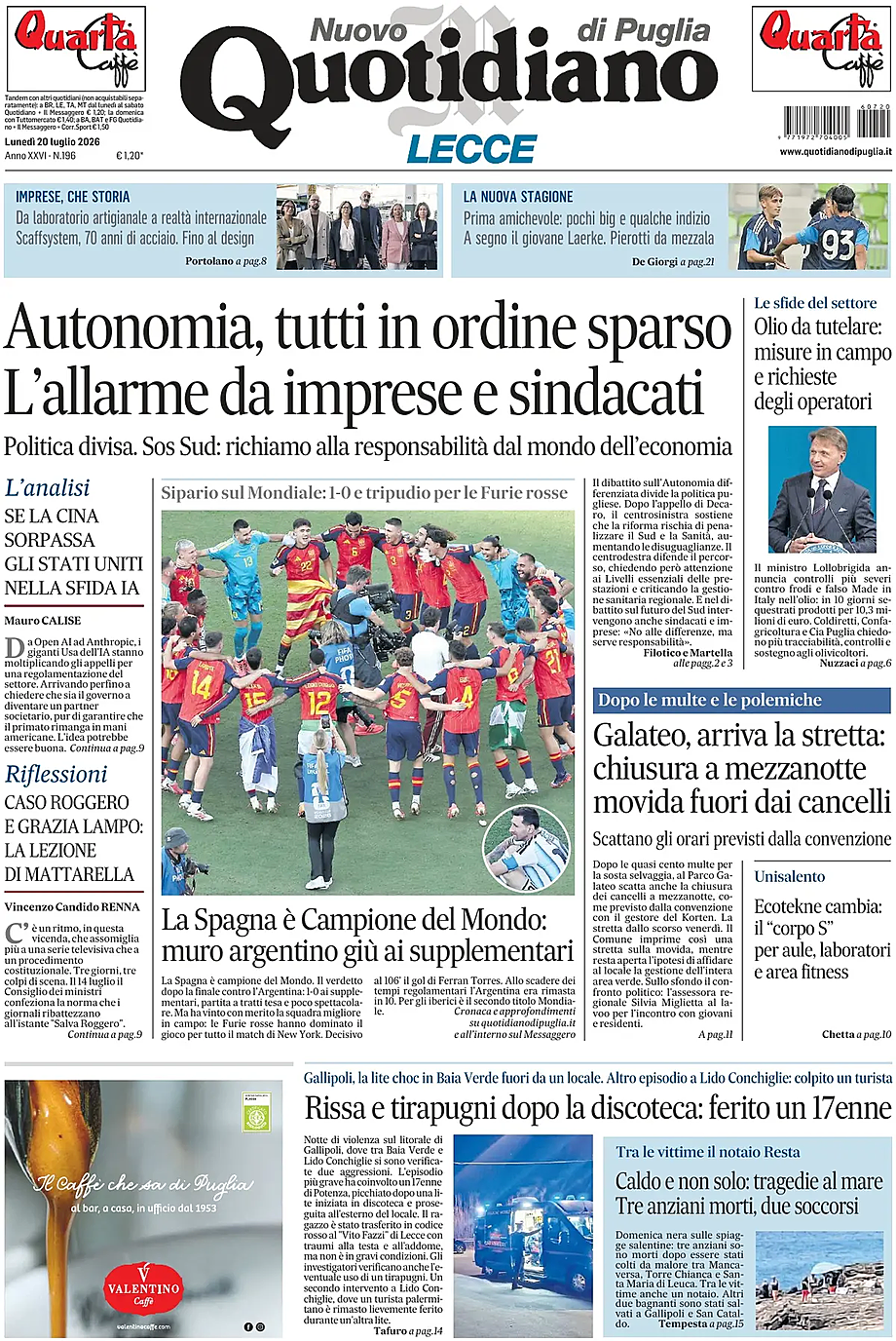 Prima pagina Nuovo Quotidiano di Puglia (Lecce) di oggi - Edicola 20 Luglio 2026