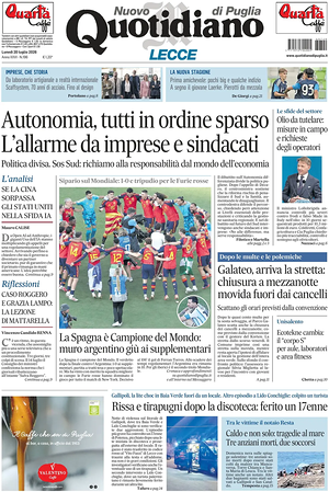 Prima pagina Nuovo Quotidiano di Puglia (Lecce) di oggi - Quotidiano regionale