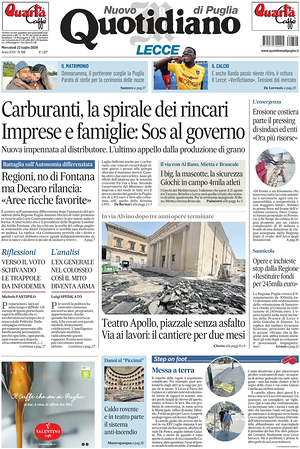 Prima pagina Nuovo Quotidiano di Puglia (Lecce) di oggi - Quotidiano regionale