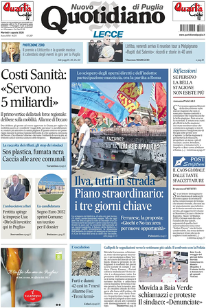 Prima pagina Nuovo Quotidiano di Puglia (Lecce) di oggi - Quotidiano regionale