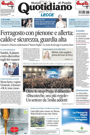 Prima pagina Nuovo Quotidiano di Puglia (Lecce) di oggi - Quotidiano regionale