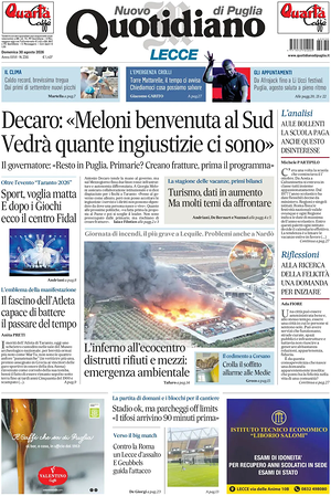 Prima pagina Nuovo Quotidiano di Puglia (Lecce) di oggi - Quotidiano regionale