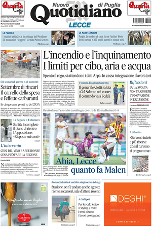 Prima pagina Nuovo Quotidiano di Puglia (Lecce) di oggi - Quotidiano regionale