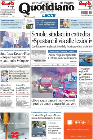 Prima pagina Nuovo Quotidiano di Puglia (Lecce) di oggi - Quotidiano regionale