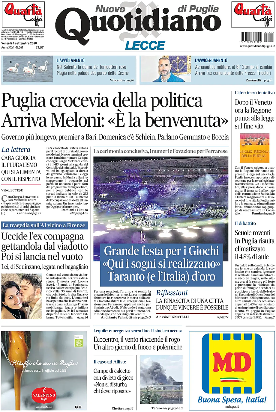 Prima pagina Nuovo Quotidiano di Puglia (Lecce) di oggi - Edicola 4 Settembre 2026