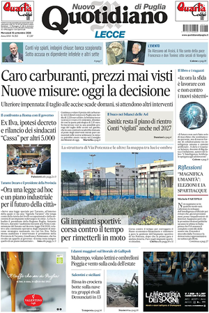 Prima pagina Nuovo Quotidiano di Puglia (Lecce) di oggi - Quotidiano regionale