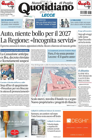Prima pagina Nuovo Quotidiano di Puglia (Lecce) di oggi - Quotidiano regionale