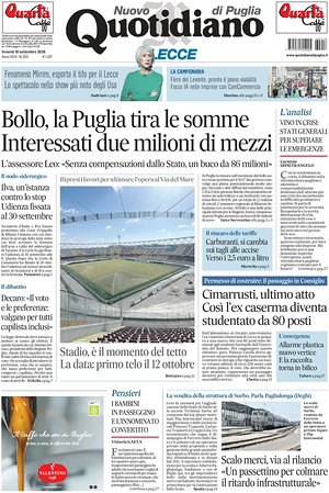 Prima pagina Nuovo Quotidiano di Puglia (Lecce) di oggi - Quotidiano regionale