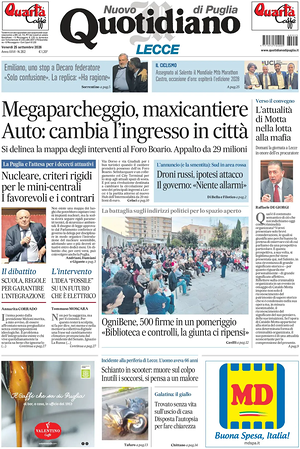 Prima pagina Nuovo Quotidiano di Puglia (Lecce) di oggi - Quotidiano regionale