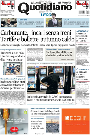 Prima pagina Nuovo Quotidiano di Puglia (Lecce) di oggi - Quotidiano regionale