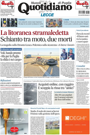 Prima pagina Nuovo Quotidiano di Puglia (Lecce) di oggi - Quotidiano regionale
