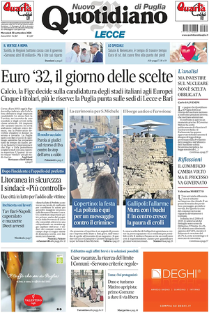 Prima pagina Nuovo Quotidiano di Puglia (Lecce) di oggi - Quotidiano regionale