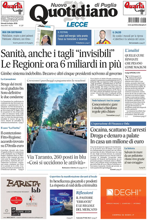 Prima pagina Nuovo Quotidiano di Puglia (Lecce) di oggi - Quotidiano regionale