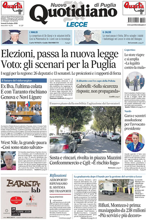 Prima pagina Nuovo Quotidiano di Puglia (Lecce) di oggi - Quotidiano regionale