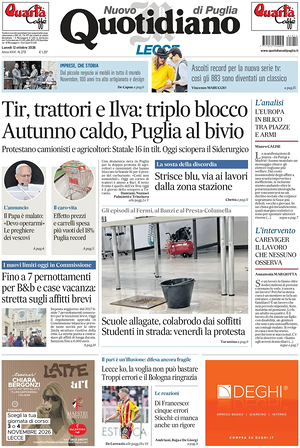 Prima pagina Nuovo Quotidiano di Puglia (Lecce) di oggi - Quotidiano regionale