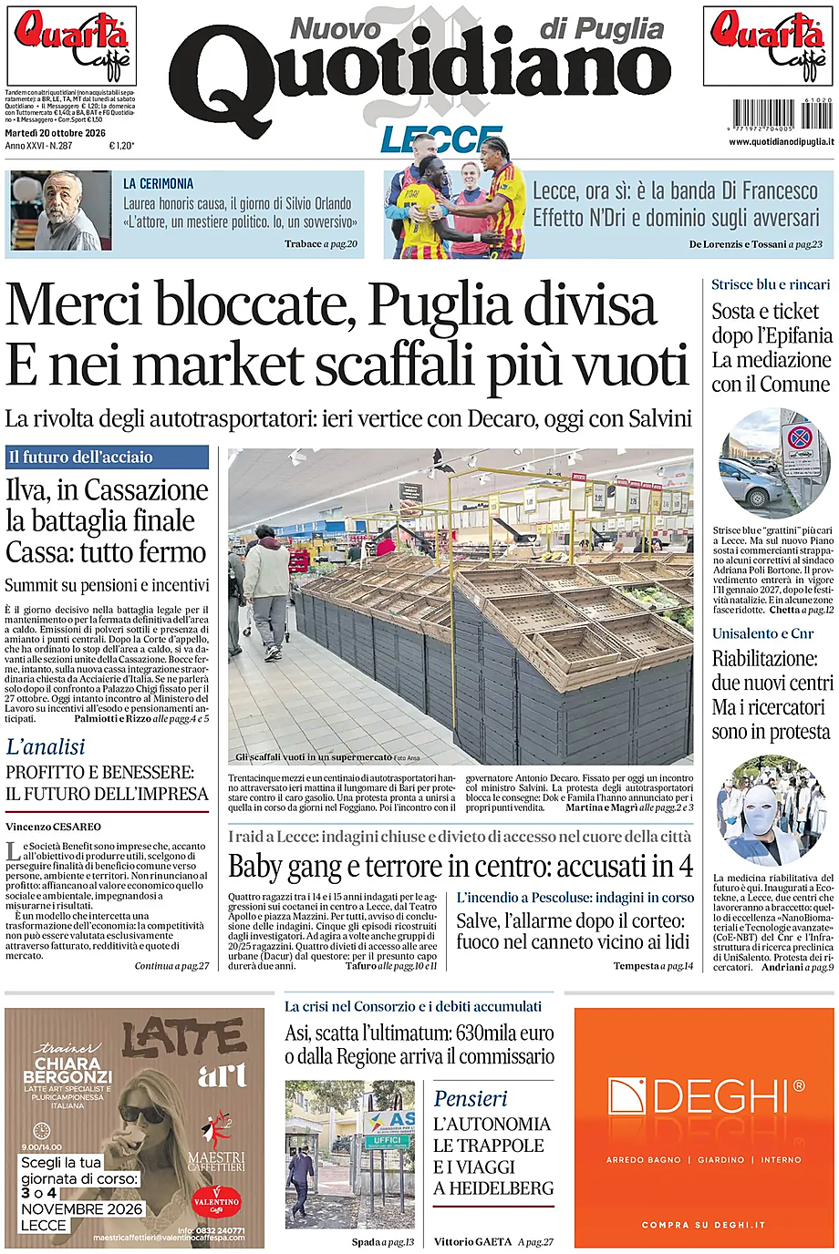 Prima pagina Nuovo Quotidiano di Puglia (Lecce) di oggi - Edicola 20 Ottobre 2026