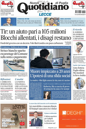 Prima pagina Nuovo Quotidiano di Puglia (Lecce) di oggi - Quotidiano regionale